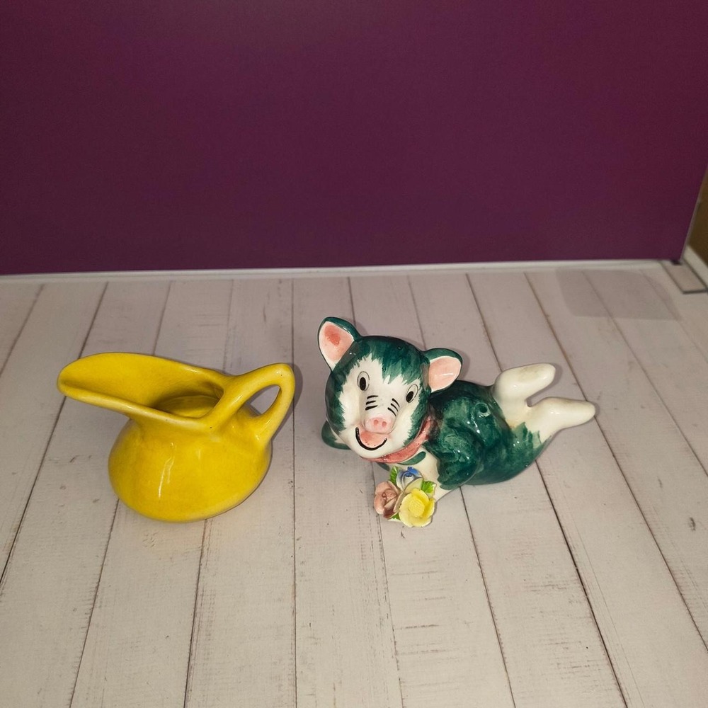 Vintage Ceramic Pig Figurine with Flower and Yellow Mini Pitcher Set 2pc